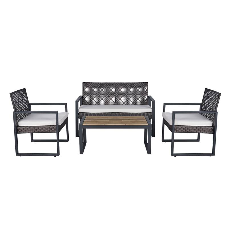 4-Piece Patio Furniture Set with Acacia Wood Table Top - Brown