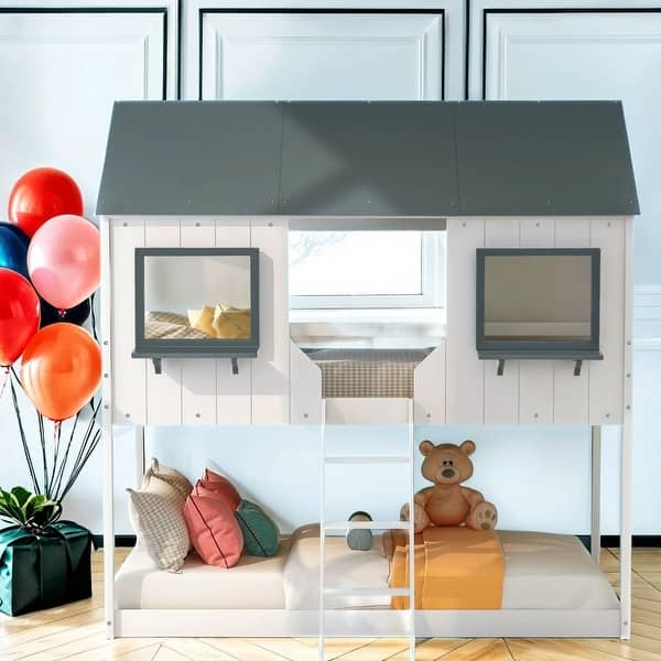 slide 2 of 11, Reliable Safety Design Twin Over Twin Bunk Bed Wood Bed with Roof, Window, Guardrail, Ladder White