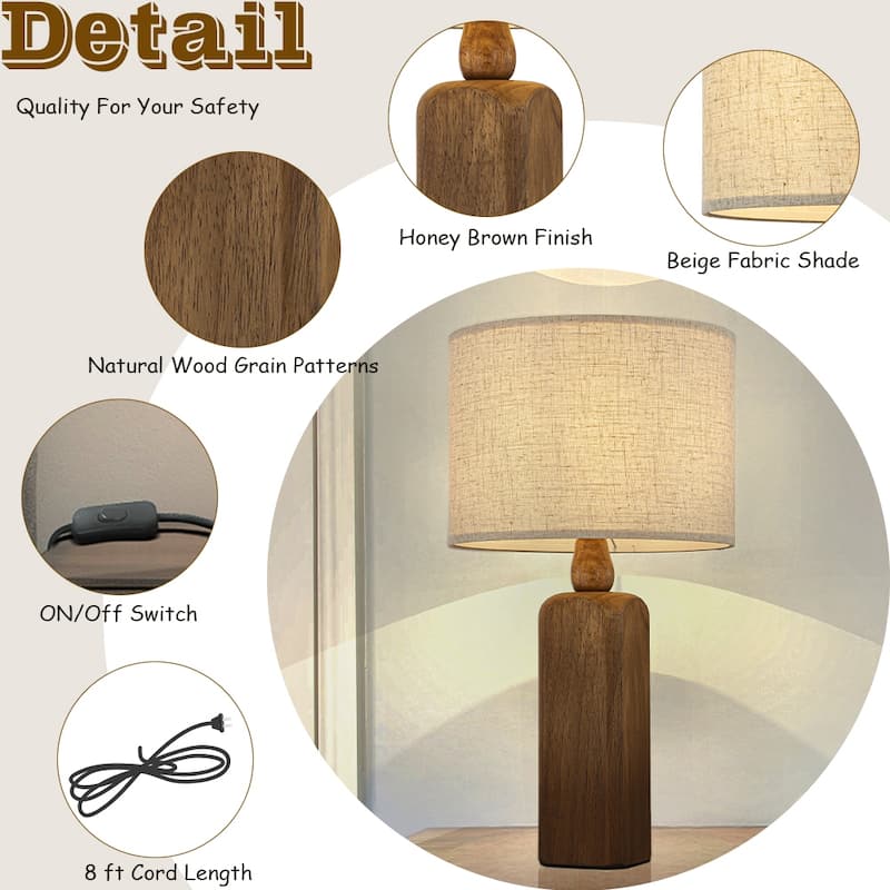 Farmhouse Traditional Natural Brown Solid Wood Base Table Lamp with Beige Fabric Shade for Bedroom Living Room（Set of 2)