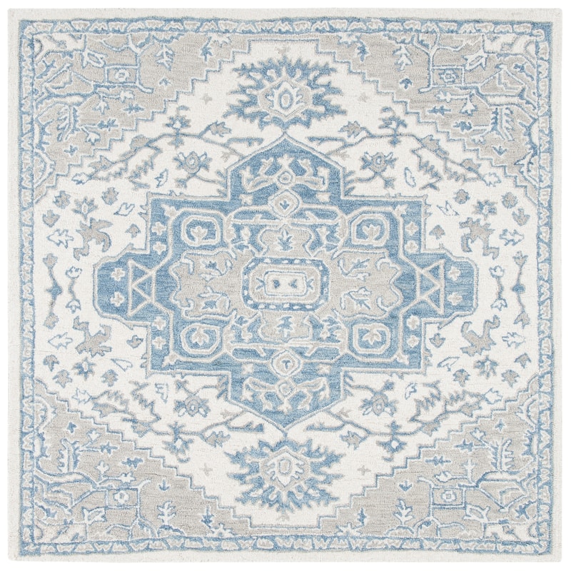 SAFAVIEH Handmade Micro-Loop Perrine Medallion Wool Rug - 5' Square - Ivory/Blue