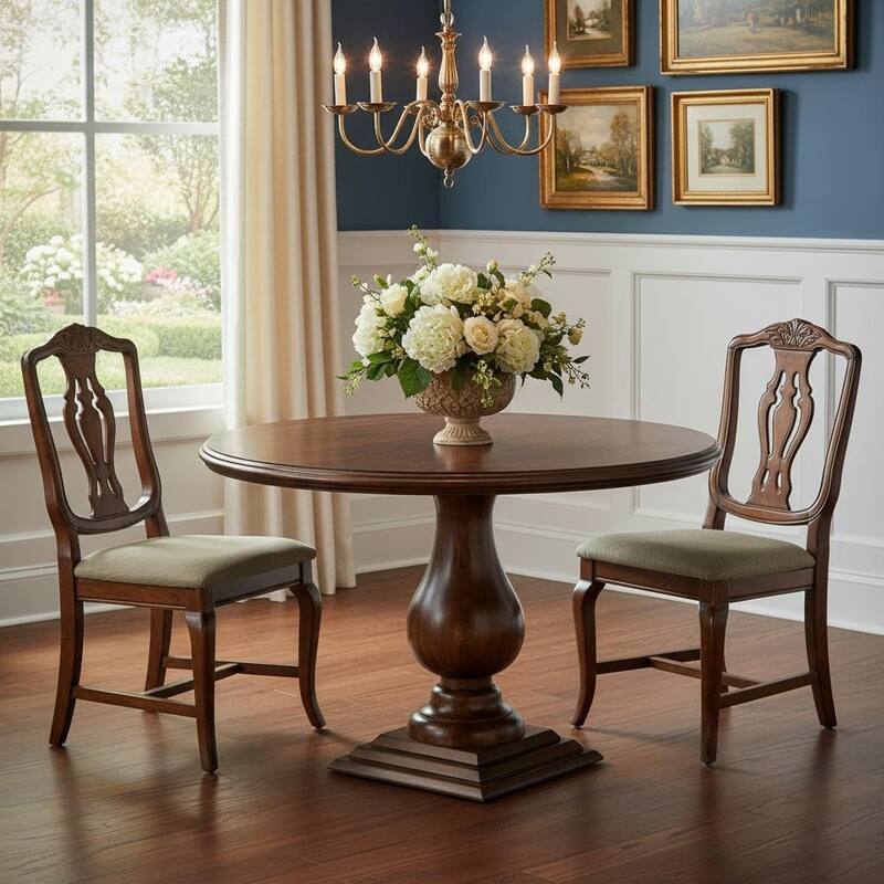 HomeRoots 48" Brown Solid Wood Pedestal Base Round Top Dining Table - 48.00 in. x 30.00 in. x 48.00 in. - Brown - 48.00 in. x 30.00 in.  x 48.00 in.