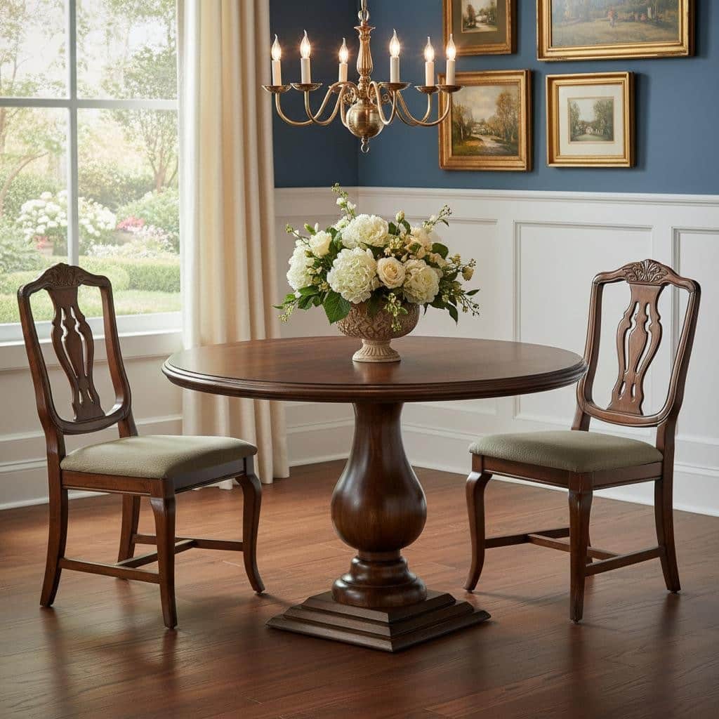 HomeRoots 48" Brown Solid Wood Pedestal Base Round Top Dining Table - 48.00 in. x 30.00 in. x 48.00 in.