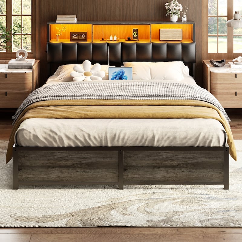 Upholstered Headboard with Hidden Drawer, Head Board with Power Outlet and LED Light
