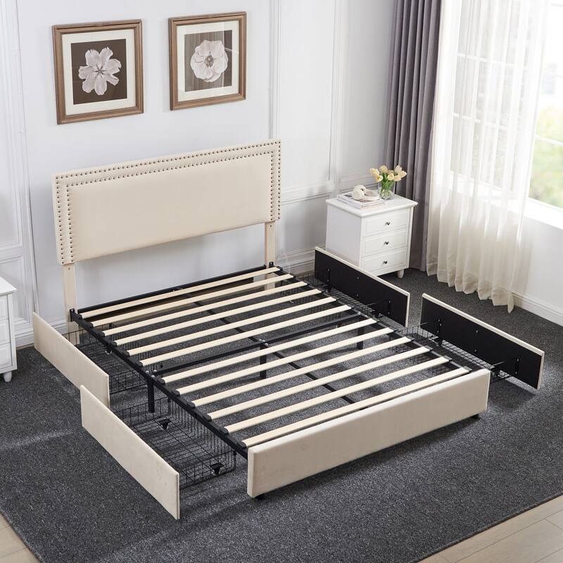 Modern Upholstered Bed Frame with 4 Storage Drawers, Platform Fabric Bed with Button Tufted Headboard