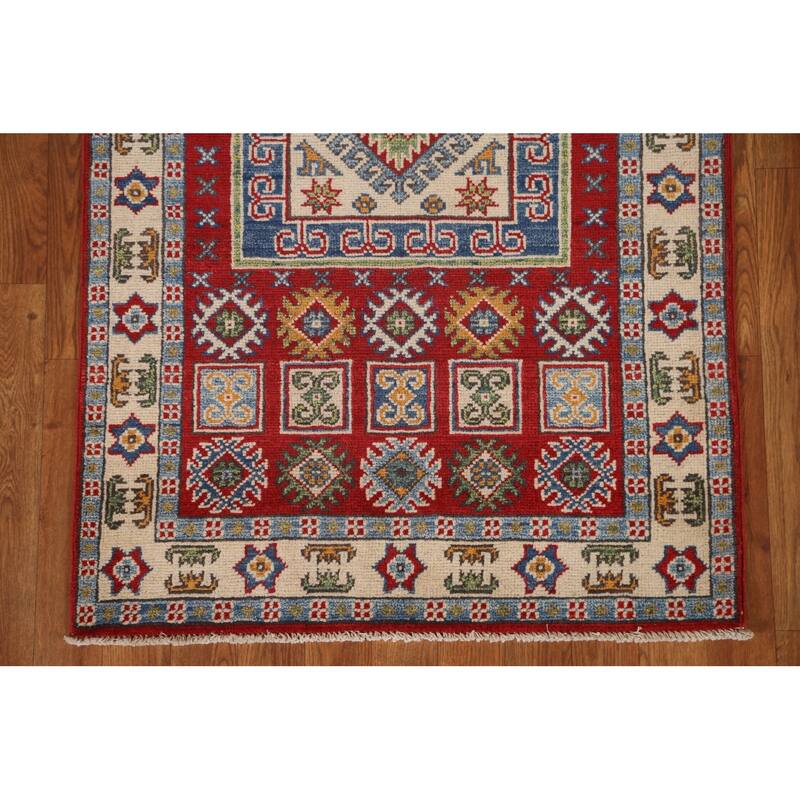 Red Traditional Geometric Kazak Oriental Wool Runner Rug Hand-knotted - 2'9" x 9'9"