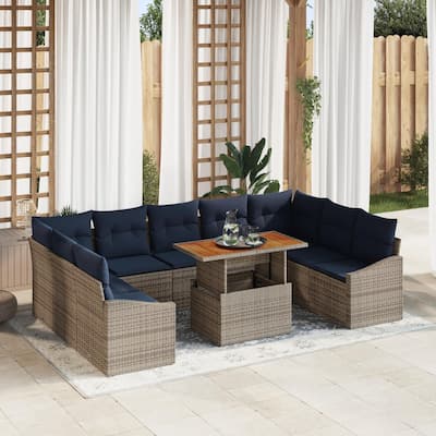 vidaXL 10 Garden Sofa Set with Cushions Black/Grey Poly Rattan - 113.8 x 70.3 x 27.2