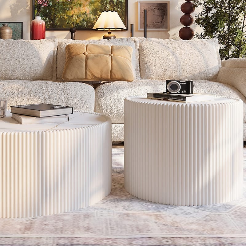 Light Sintered Stone Top with Unique Gold Pattern Cylinder Shape Leather Coffee modern Sofa Table in White