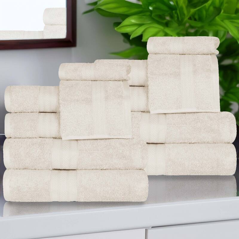 Superior Atlas Cotton Plush Absorbent Heavyweight 12 Piece Towel Set - Almond