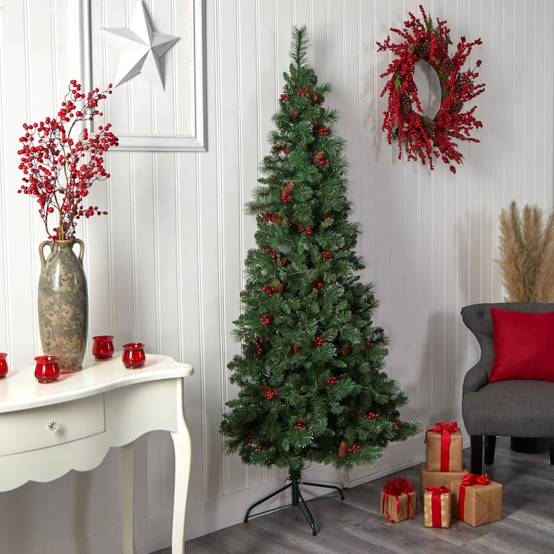 7Ft Artificial Christmas Tree with Warm White Lights & Pinecone Accents - Green - 84