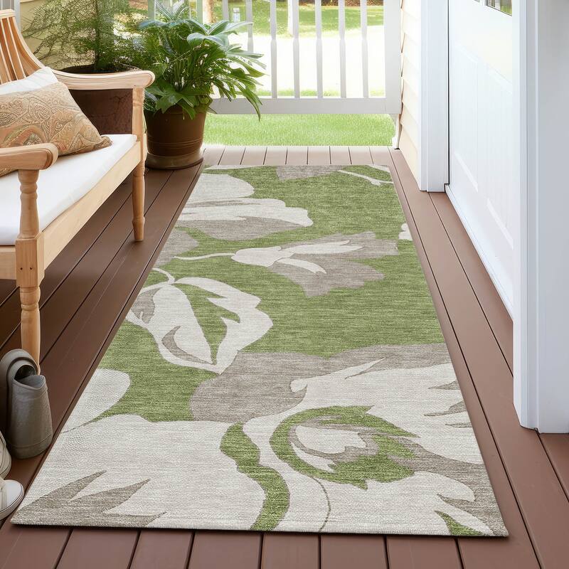 Machine Washable Indoor/ Outdoor Chantille Floral Contemporary Rug - Olive - 2'3" x 7'6"