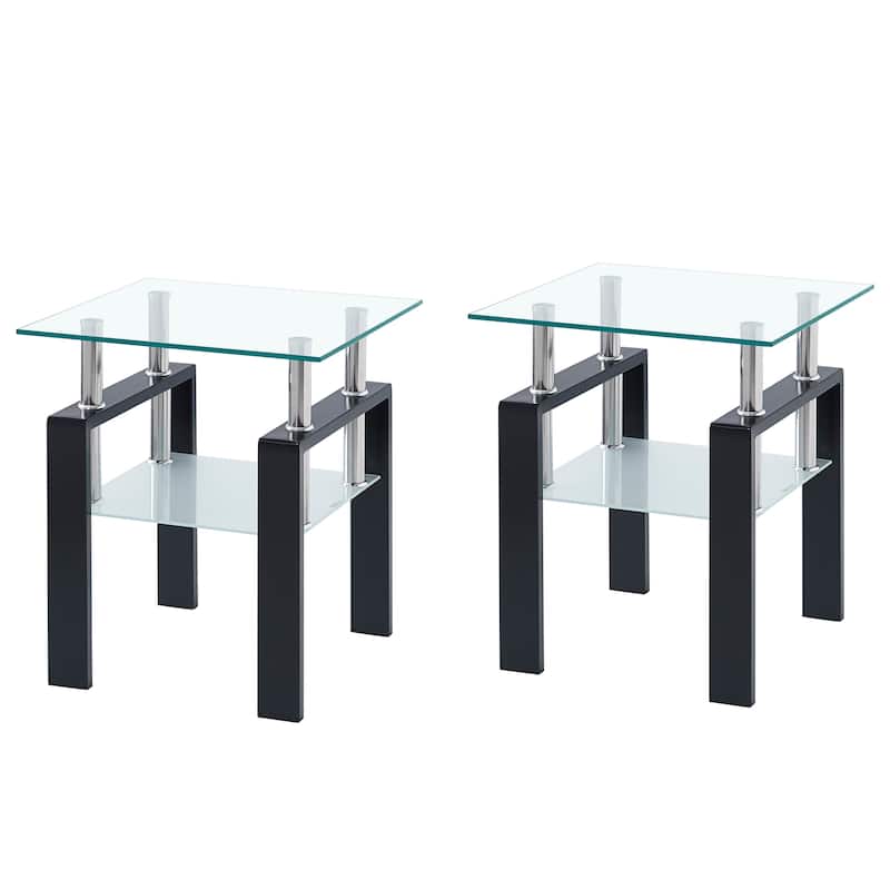 Tempered Transparent Glass End Table, 2-Layers Small Table with Storage