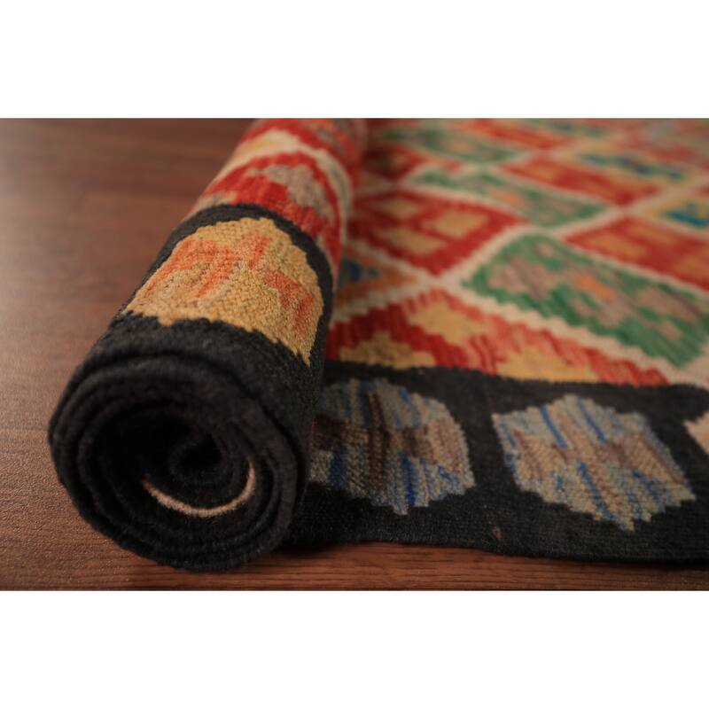 All-Over Trellis Kilim Area Rug Hand-Woven Wool Carpet - 8'9" x 11'4"