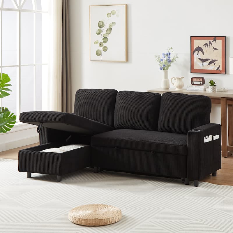 Convertible Corduroy L-Shaped Sofa Bed, Pullout Sleeper, Black