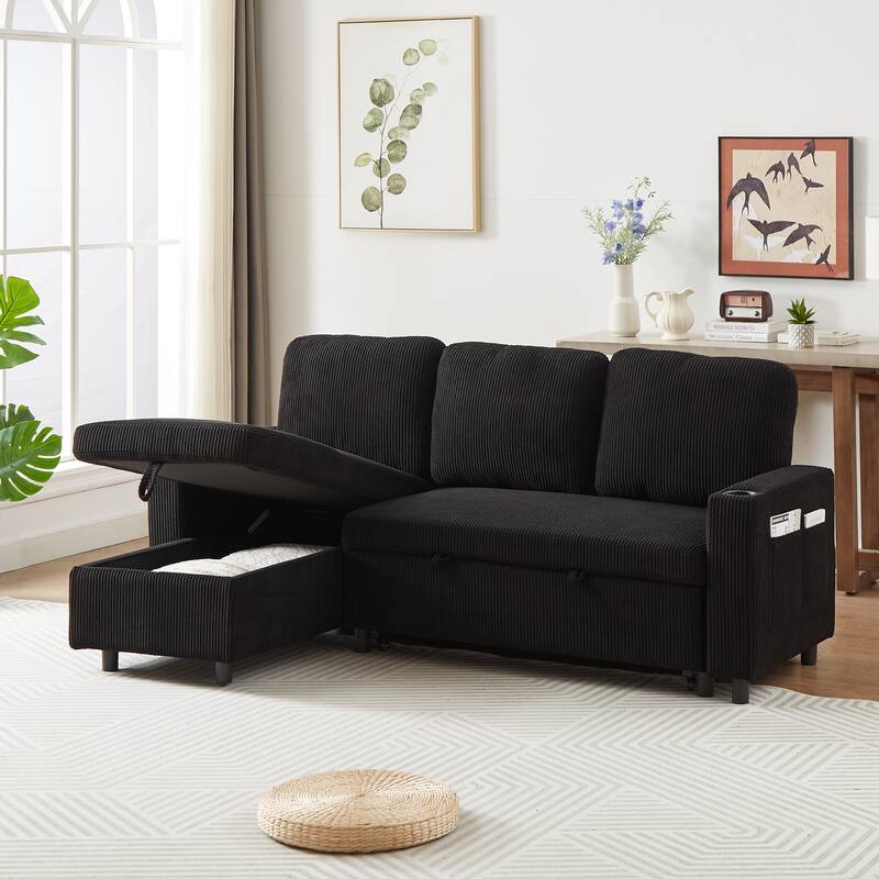 L-Shaped Corduroy Sofa Bed with Pull-Out Sleeper, Reversible Design