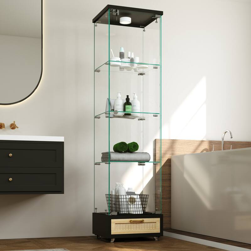 Glass Display Cabinet With Drawer,Cabinet With Led Lights,Tempered Glass Bookshelf, 1-Door Storage Case With 4 Shelves