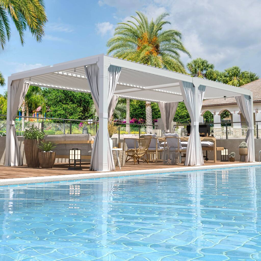 EROMMY 12x20 Hardtop Outdoor Gazebo with Adjustable Metal Roof, Louvered Pergola, Includes Curtains and Netting