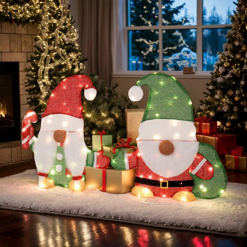 Set of 2 Lighted Gnome and Candy Cane Christmas Decorations - Red+Green