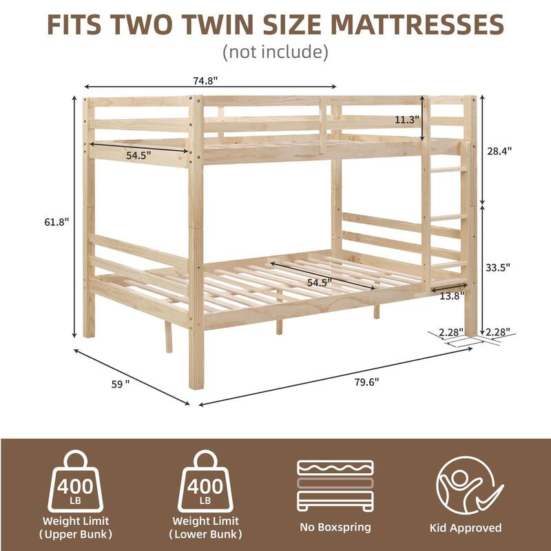 Full Over Full Bunk Bed, Thick Wood Posts, High Guardrail, Ladder