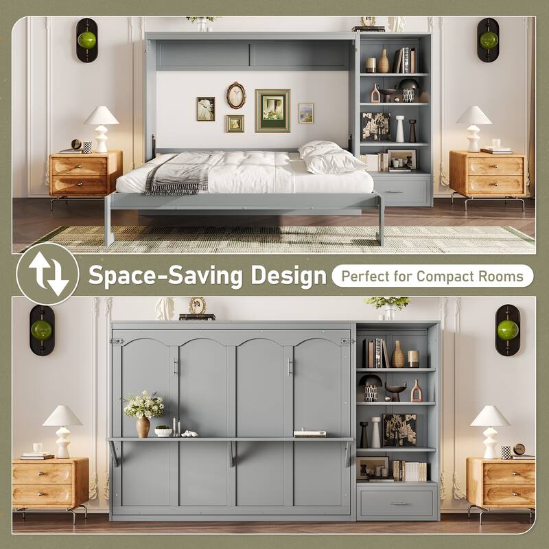 Queen Size Murphy Bed with Height Adjustable Storage Compartments and Shelf