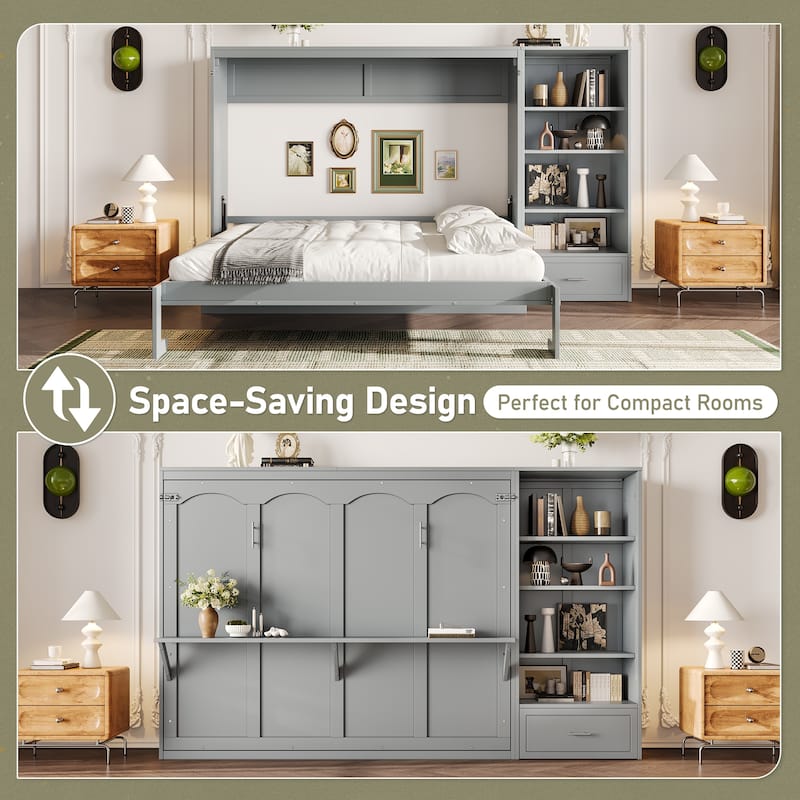 Roomfitters Queen Size Murphy Bed with Adjustable Storage Compartments and Shelf, Foldable Wall Bed with Drawer