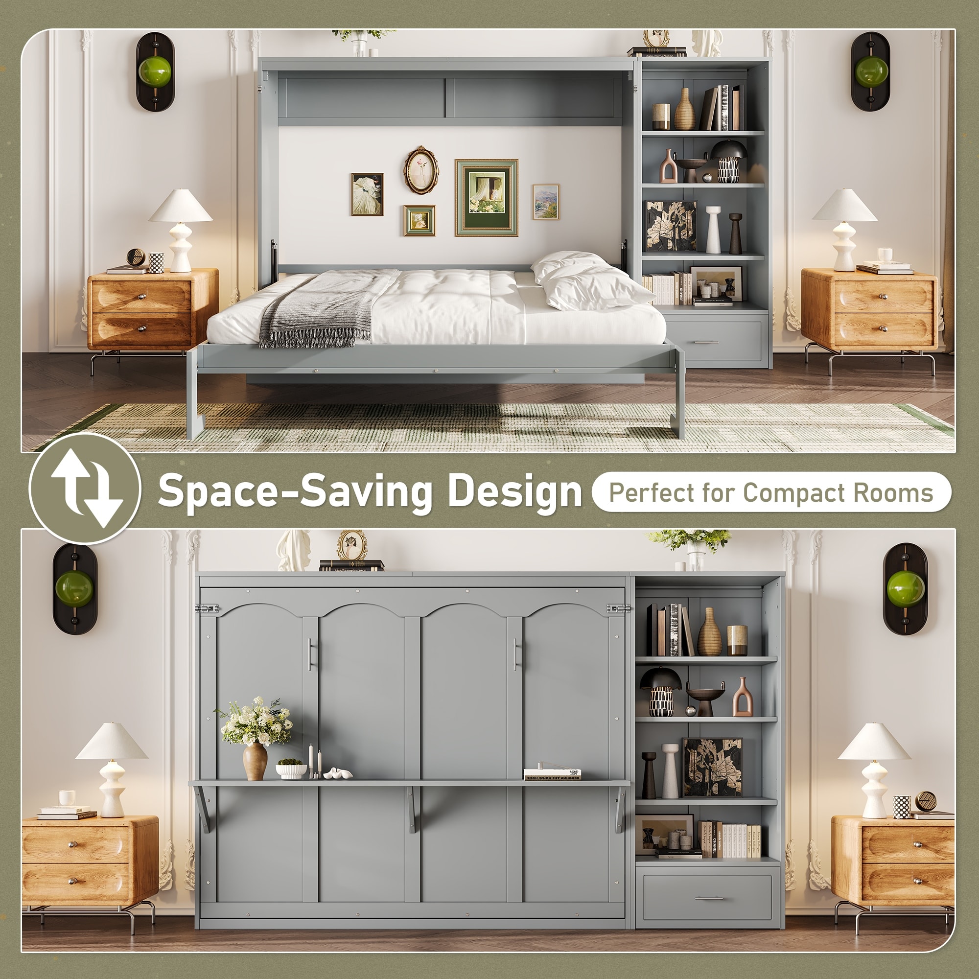 Wood Murphy Bed Queen Size Foldable Bed w/Height Adjustable Shelf & Storage Drawer