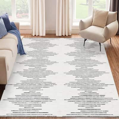 Washable Rugs for Living Room Modern Geometric Striped Area Rug Soft Non-Slip Low Pile Accent Rug