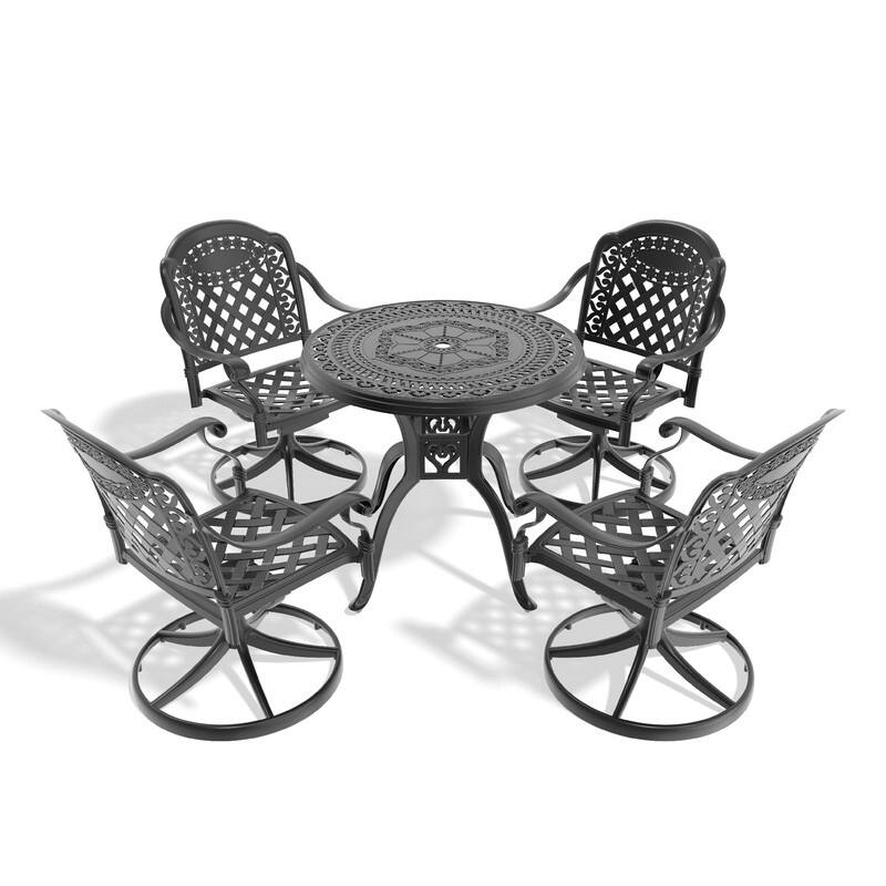 5-Piece Aluminum Round Outdoor Patio Dining Set, 4 Cushioned Swivel Chairs, Table, All-Weather Frames