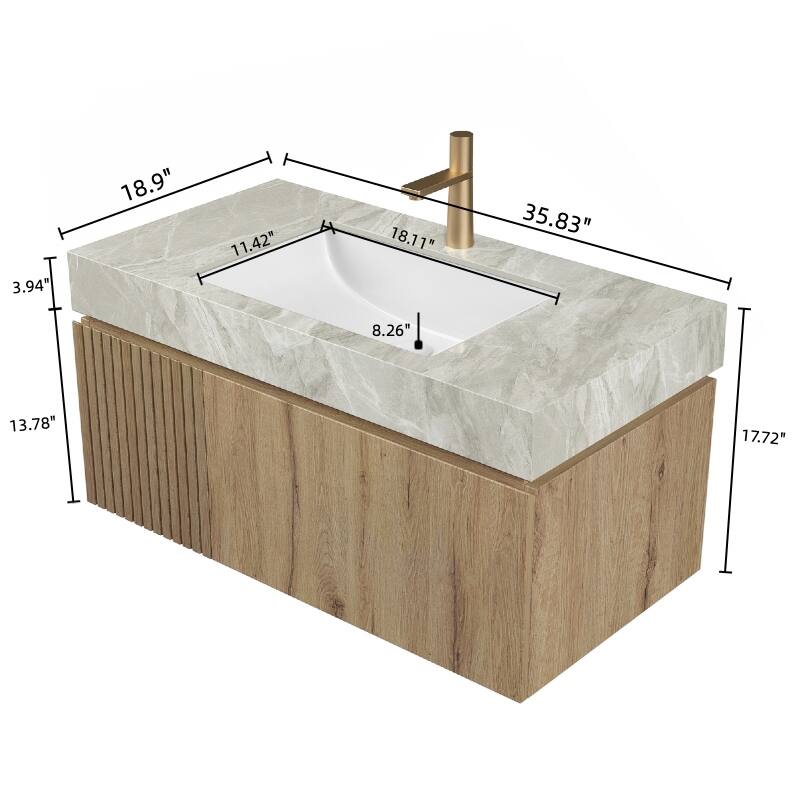 GDFStudio - Muri 36" Floating Bathroom Vanity with Light Gray Sintered Stone Countertop & Basin, WITHOUT Faucet
