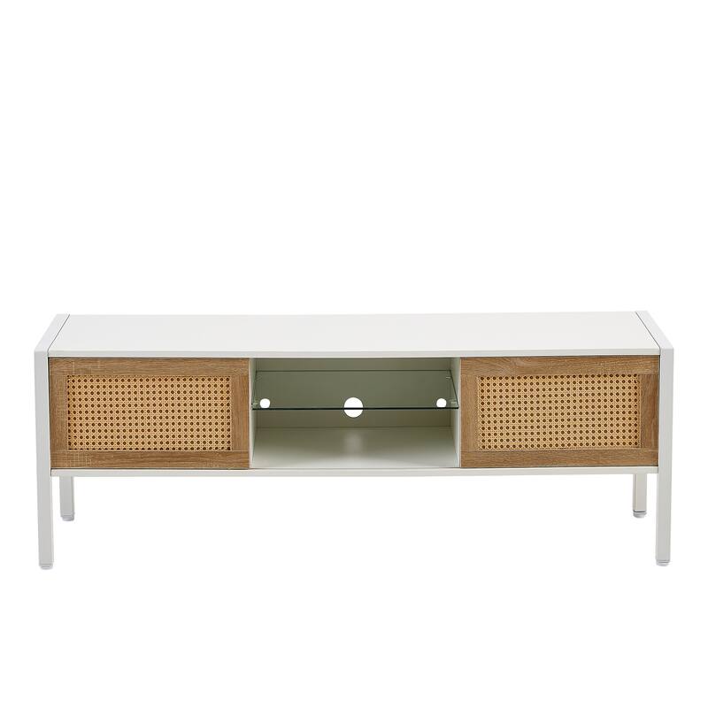 54.33" Rattan TV cabinet with variable color light strip, double sliding doors for storage, adjustable shelf, metal legs