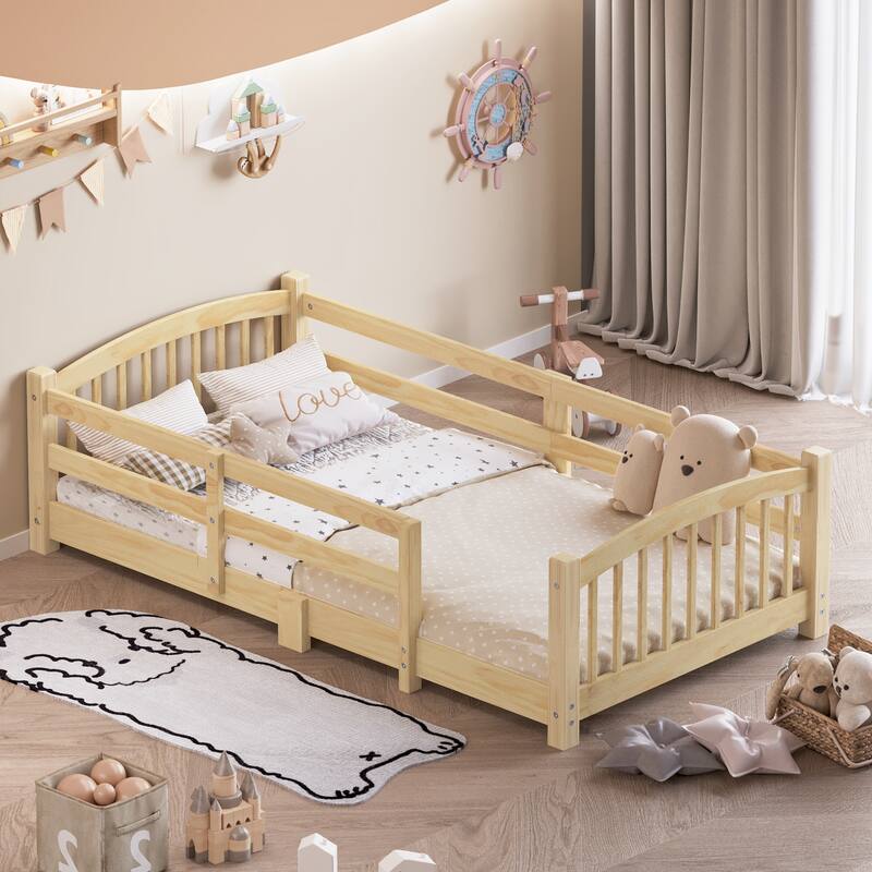 Montessori Floor Bed with Fence - Full/Twin Solid Wood, Slats & Safety Guardrails, Easy Assemble