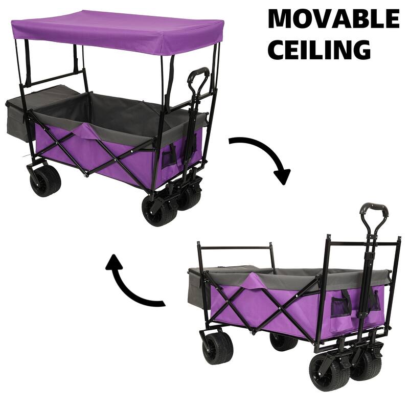 480lb Collapsible Wagon with Canopy & Mosquito Net - 7" All-Terrain Wheels, Lightweight Design, Purple