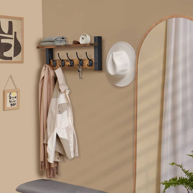 Sorbus Coat Hooks Wall Mount Floating Shelf with 5 Heavy Duty Hooks, Large and Extra Large