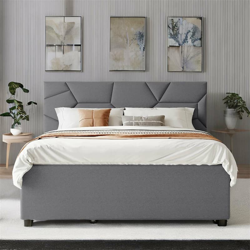 Full Size Linen Platform Bed with Twin Size Trundle and Drawers