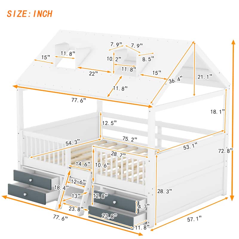 White Full Size Wood House Bed with Fence & Roof