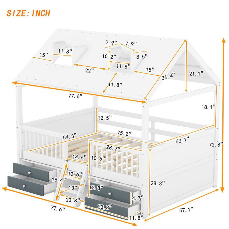 Wooden House Bed with Fence and Roof for Kids