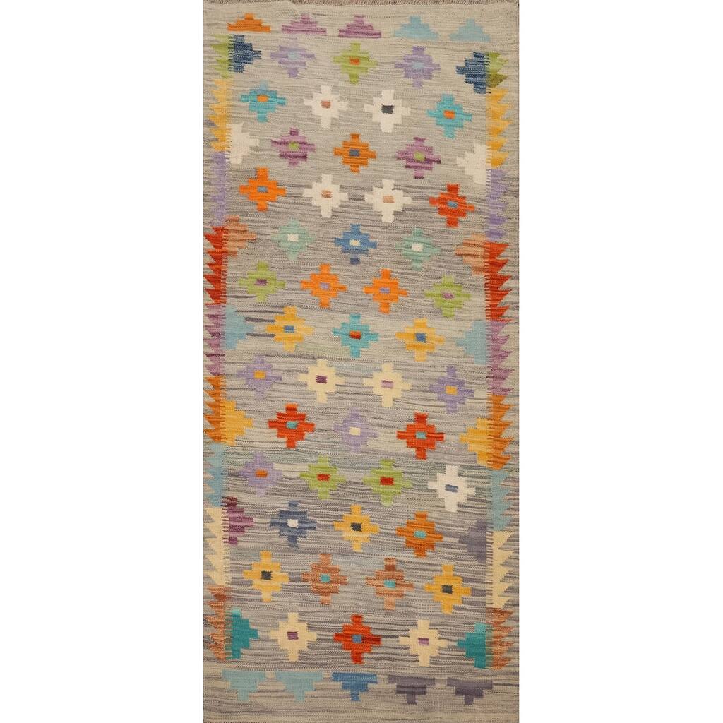 Hand Woven Oriental 100% Wool Carpet Southwestern Tribal Greys & Charcoal Kilim Area Rug - 6' 4'' X 2' 7''