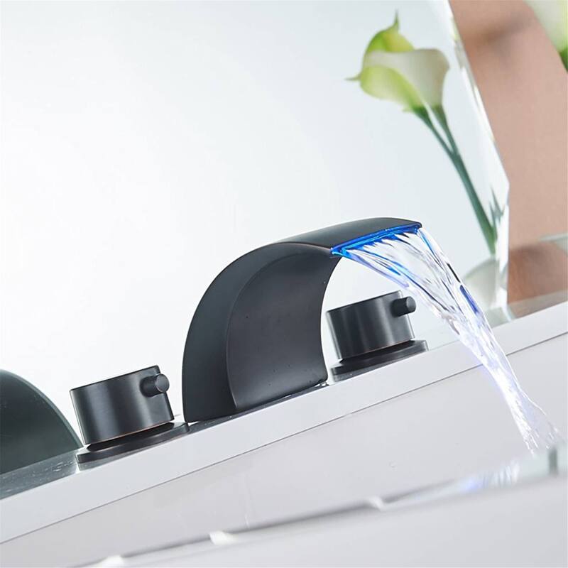 LED Widespread Bathroom Faucet With Drain Assembly 3 Holes Waterfall Bathroom Sink Faucets WIth Light 2 Handle Basin Vanity Tap