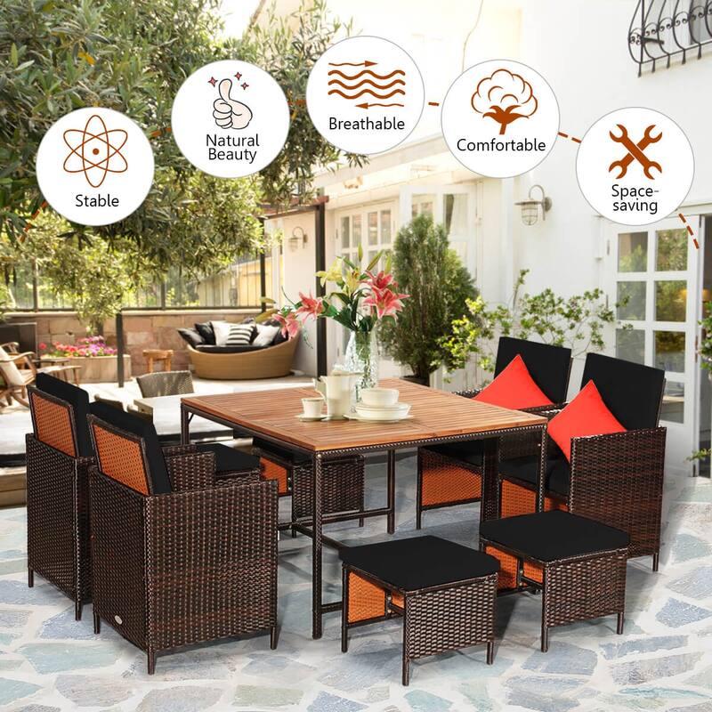 Costway 9PCS Patio Rattan Dining Set Cushioned Chairs Ottoman Wood - See Details