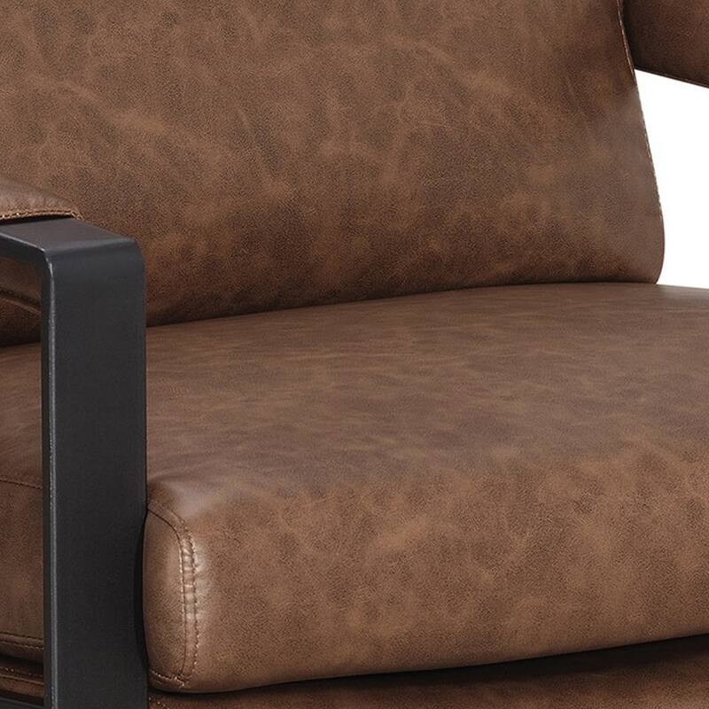 31 Inch Accent Chair, Padded Armrests, Vegan Faux Leather, Brown, Black