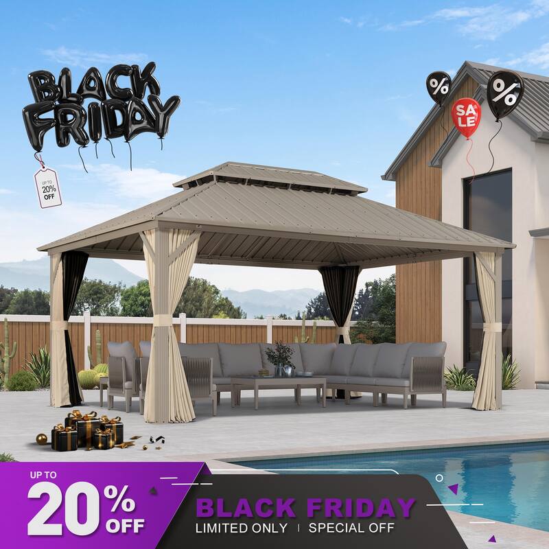 PURPLE LEAF Outdoor Hardtop Gazebo Champagne Metal Frame Galvanized Steel Double Roof with Curtains and Netting for Poolside