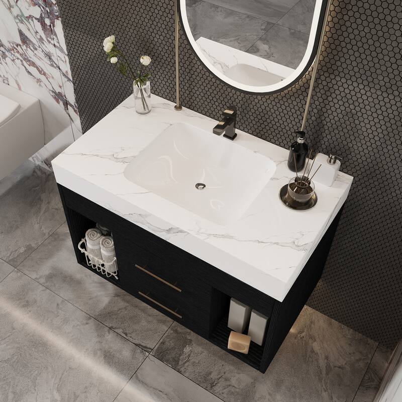 29.9" Modern Floating Bathroom Vanity with Sintered Stone Top Ceramic Undermount Sink Wall-Mounted for Small Bathrooms