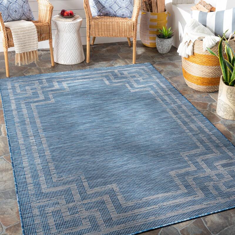 Brian Traditional Border Outdoor Area Rug - 5'1" x 7' - Blue