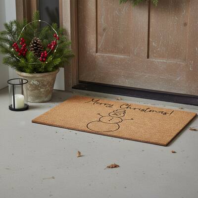 HomeRoots 17" X 29" Brown And Black Christmas Snowman Merry Christmas Outdoor Coir Door Mat - 17.00' X '29.00