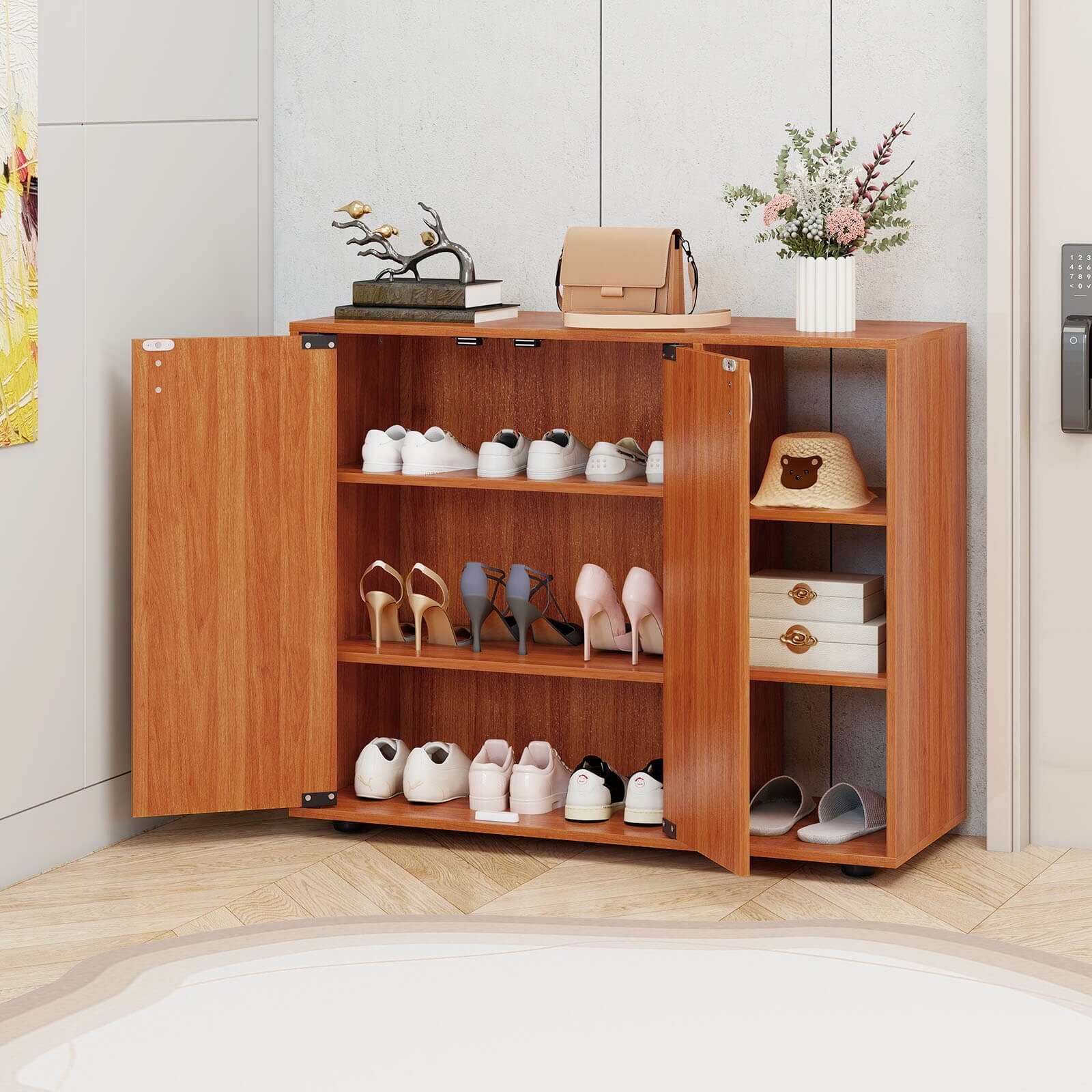 Costway 3-Tier Wooden Shoe Storage Organizer with Doors & 3-Level