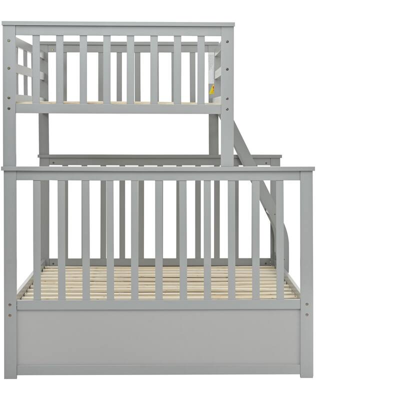 Twin Over Full Bunk Bed , Wooden Bunk Bed with Ladder and Safety Guard Rails