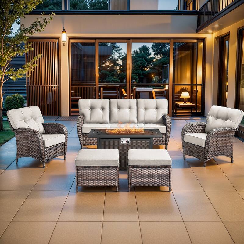Pocassy Outdoor 43 In Fire Table with Sofa Patio Chair Set - Brown Wicker Beige Cushion - 8-Piece Sofa Patio Chair Ottoman with Fire Table