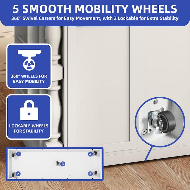 Mobile Kitchen Island with Drop Leaf Table Power Outlet and Pull-Out Trash Can for Space-Saving Storage