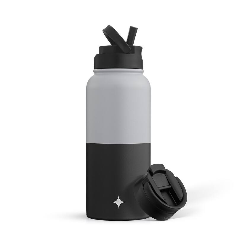 JoyJolt Vacuum Insulated Stainless Steel Water Bottle with Flip Lid & Sport Straw Lid - 32 oz - Grey/Black