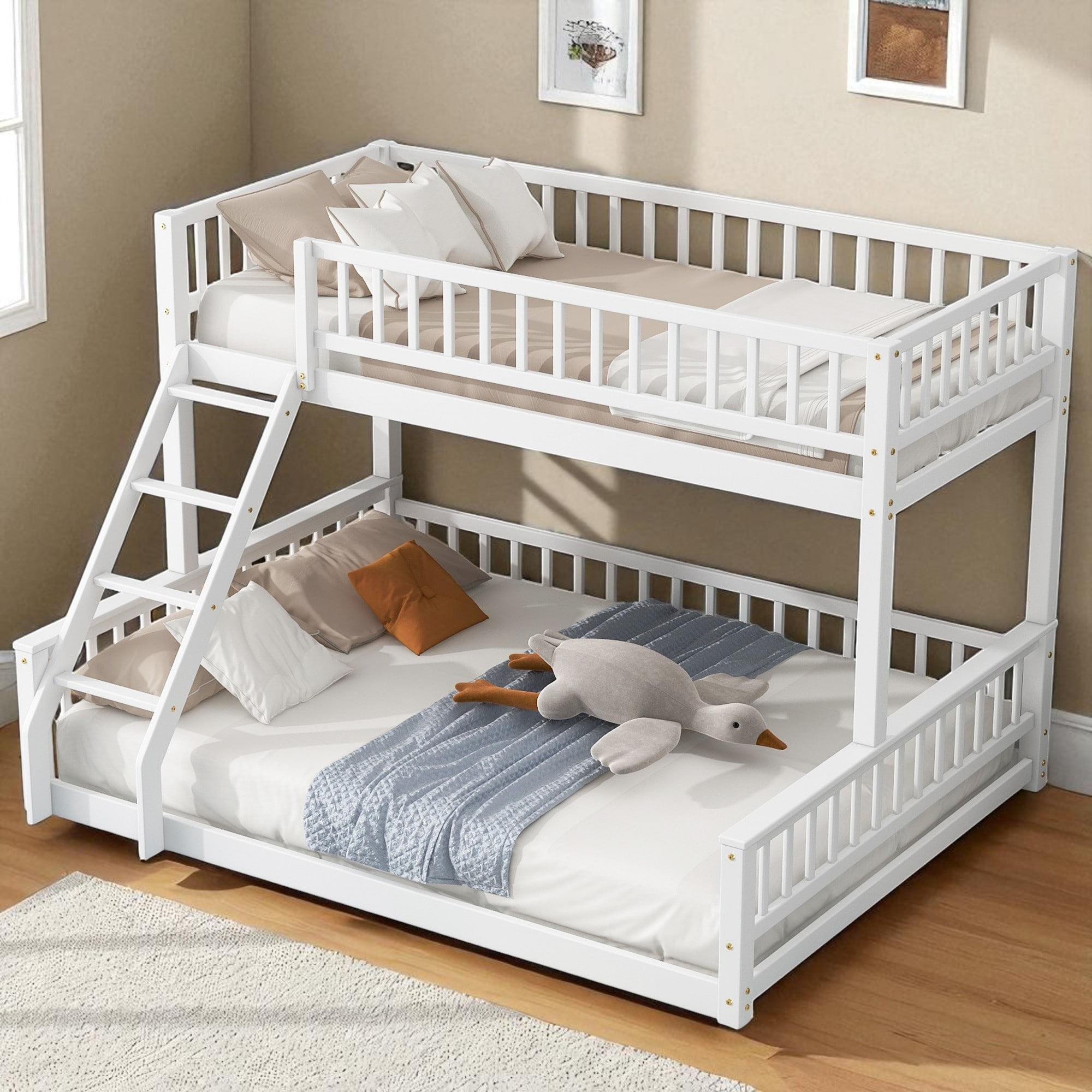 Twin XL Over Queen Bunk Bed with Ladder and Guardrails, Wood Frame, Space-Saving Design for Kids and Teens
