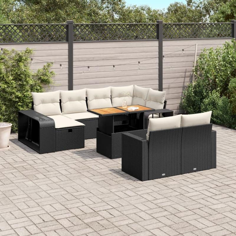 vidaXL Patio Sofa Set with Cushions Outdoor Furniture 11 Piece Poly Rattan - 24.4 x 24.4 x 27.2 - Black and Cream-Wood